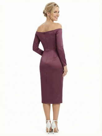Chicsew Modern Off The Shoulder Long Sleeve Satin Tea-Length Mother Of The Bride Dress With Side Slit