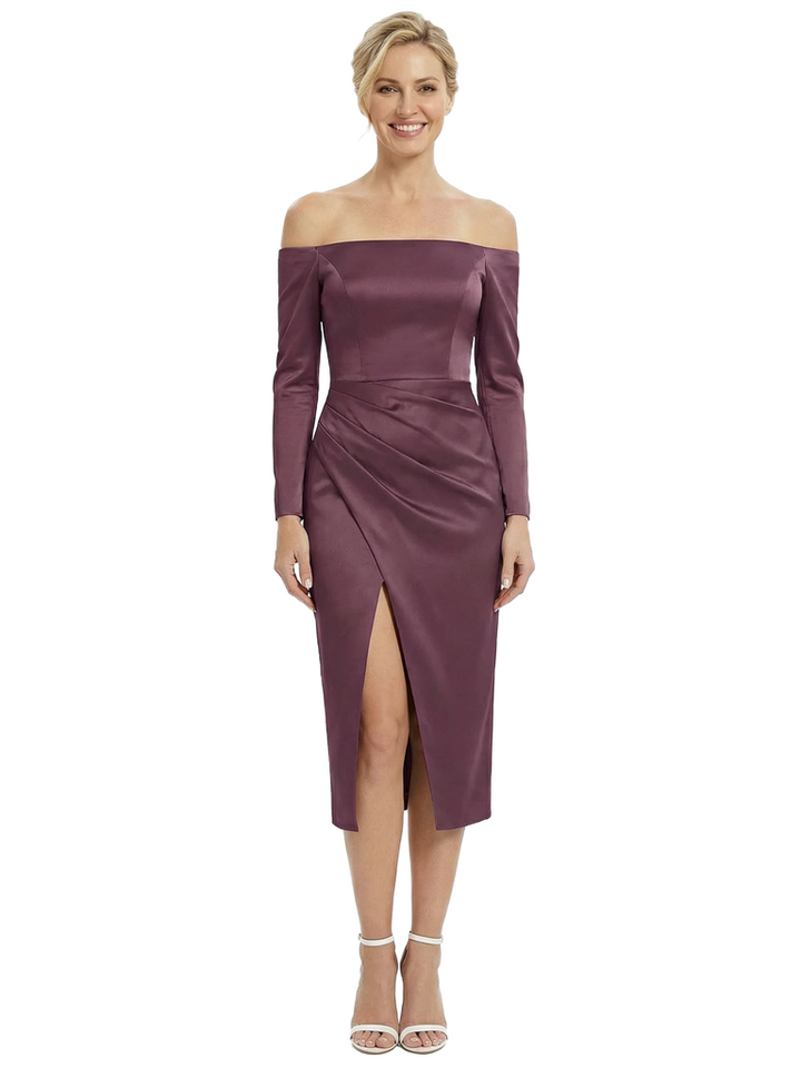 Chicsew Modern Off The Shoulder Long Sleeve Satin Tea-Length Mother Of The Bride Dress With Side Slit