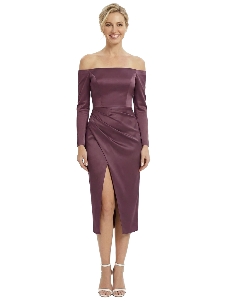Chicsew Modern Off The Shoulder Long Sleeve Satin Tea-Length Mother Of The Bride Dress With Side Slit