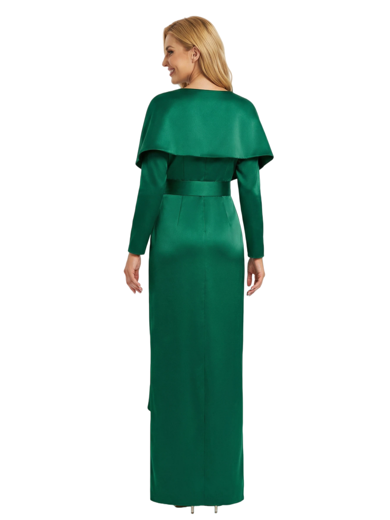 Chicsew Mother of The Bride Dresses V-Neck Long Sleeve Satin Capelet Maxi Gown Classy Belted Formal Wedding Event Attire