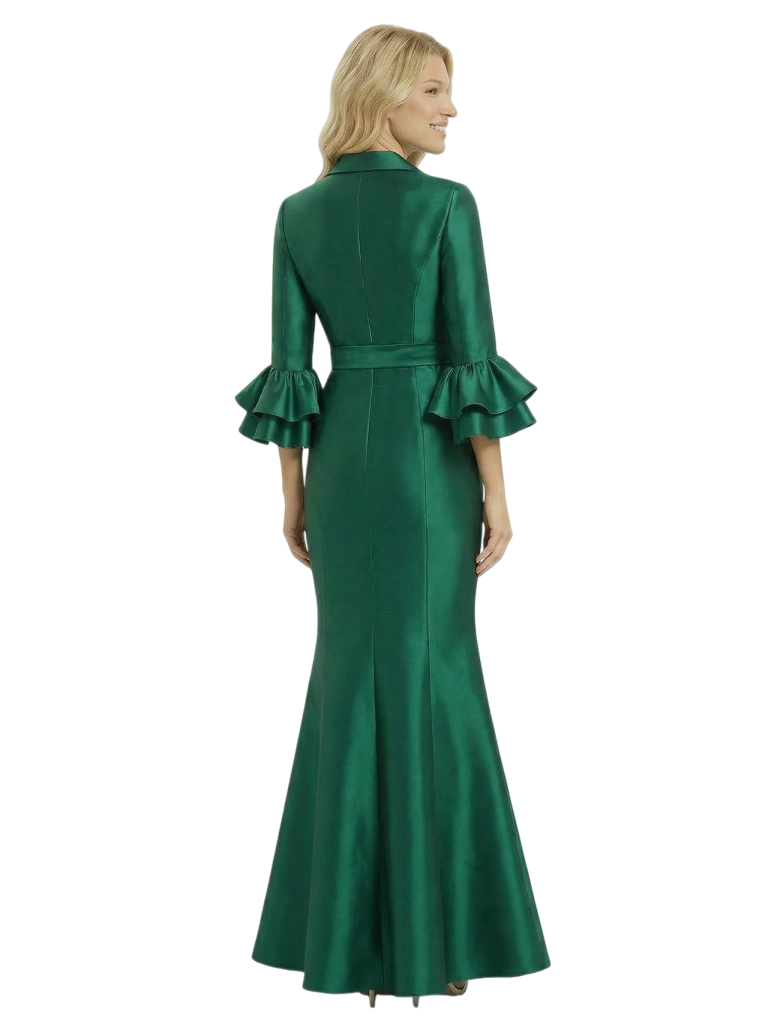 Chicsew Mother of The Groom Dresses V-Neck Bell Sleeve Satin Mermaid Maxi Gown Fancy Ruffled Formal Bridal Party Dress