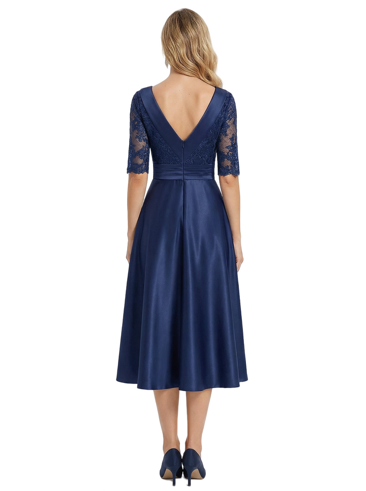 Chicsew Elegant Boat Neck Satin Lace Mother Of The Bride Dresses Tea-Length A-Line Gowns