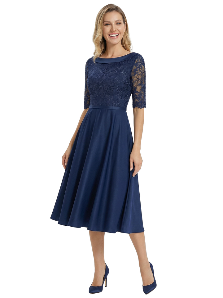 Chicsew Elegant Boat Neck Satin Lace Mother Of The Bride Dresses Tea-Length A-Line Gowns