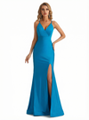 Trendy V-neck Side Slit Jersey Mermaid Floor Length Evening Formal Dresses