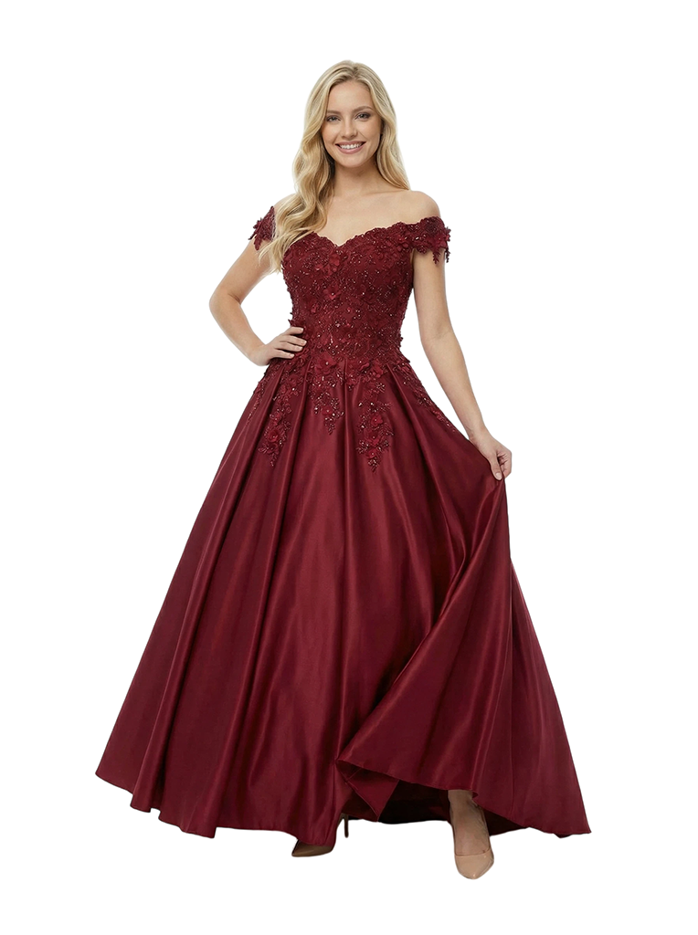 Unique Off The Shoulder Satin A-Line Lace Ball Gown Graduation Dress