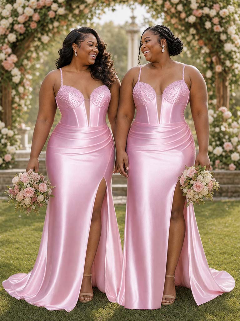 ChicSew Spaghetti Straps Beading Side Slit Mermaid Soft Satin Long Bridesmaid Dresses