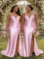 ChicSew Spaghetti Straps Beading Side Slit Mermaid Soft Satin Long Bridesmaid Dresses