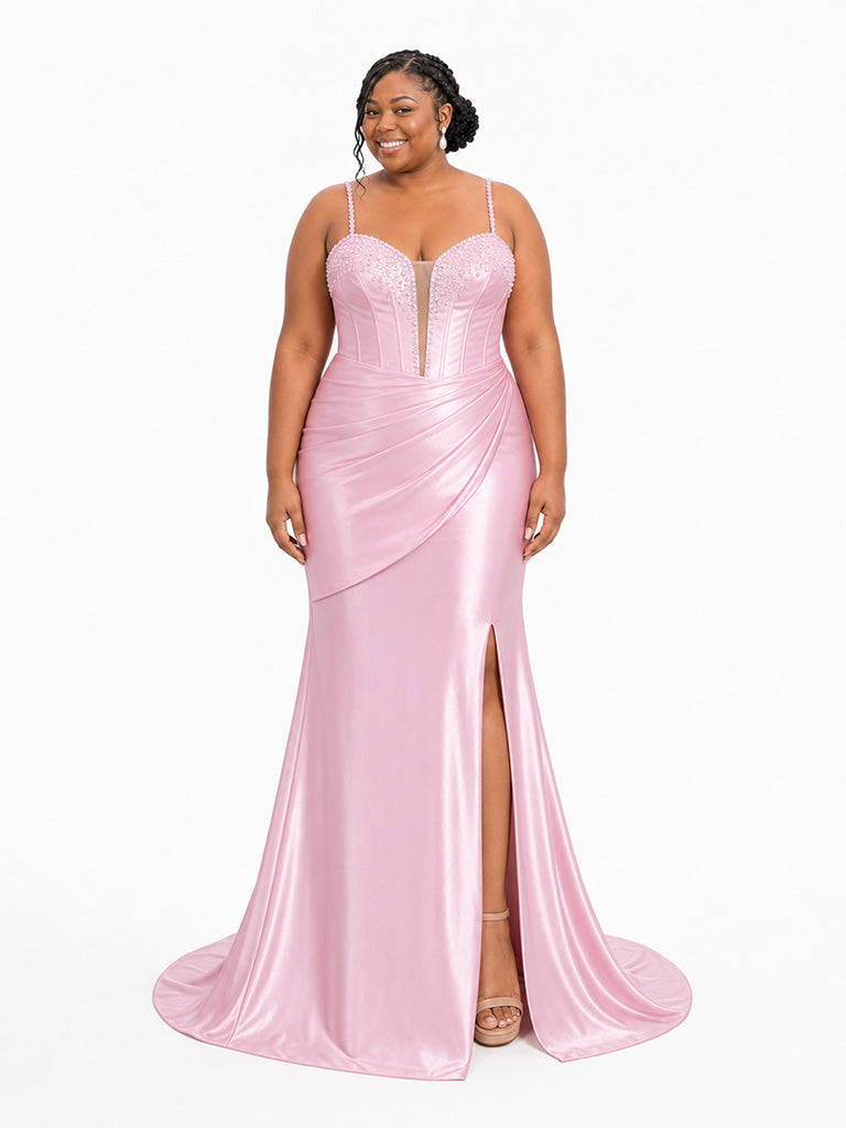 ChicSew Spaghetti Straps Beading Side Slit Mermaid Soft Satin Long Bridesmaid Dresses