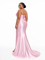 ChicSew Spaghetti Straps Beading Side Slit Mermaid Soft Satin Long Bridesmaid Dresses