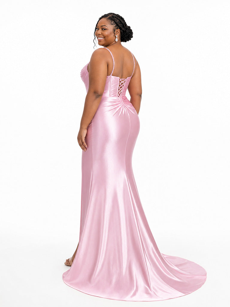 ChicSew Spaghetti Straps Beading Side Slit Mermaid Soft Satin Long Bridesmaid Dresses