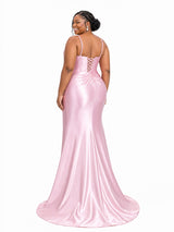 ChicSew Spaghetti Straps Beading Side Slit Mermaid Soft Satin Long Bridesmaid Dresses