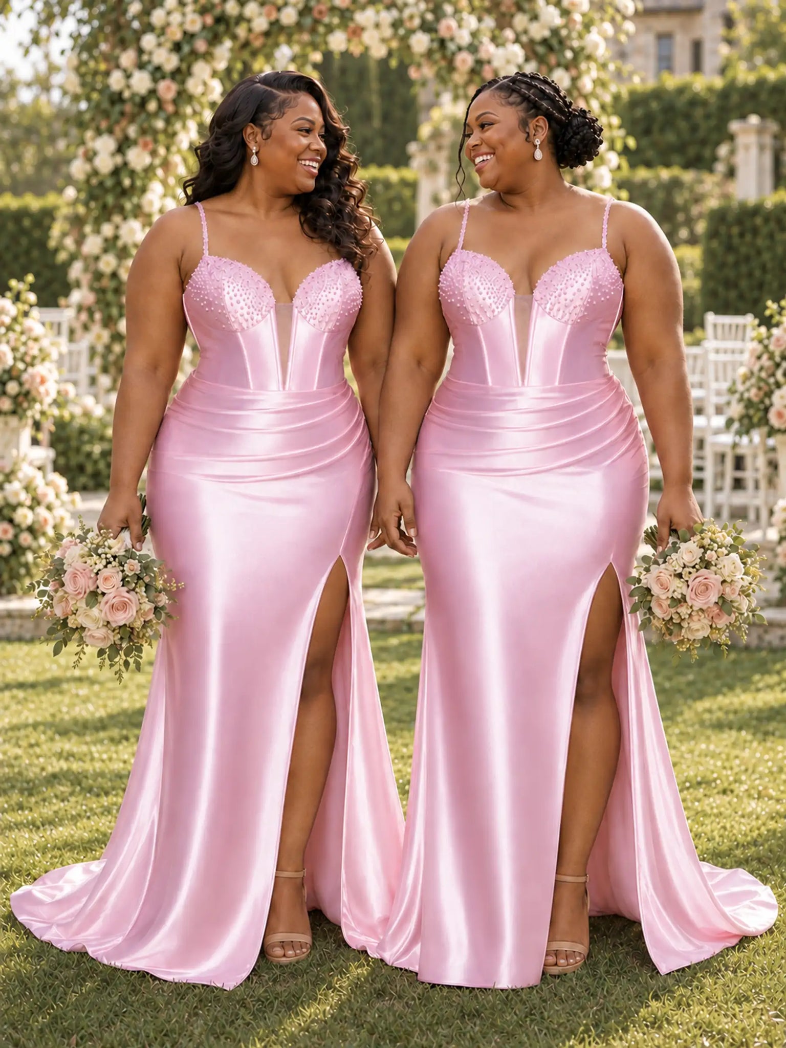 ChicSew Spaghetti Straps Beading Side Slit Mermaid Soft Satin Long Bridesmaid Dresses