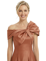 Chicsew Mother of The Bride Dresses Off The Shoulder Satin Tea Length Gown Unique Bow Detailed Formal Wedding Dress