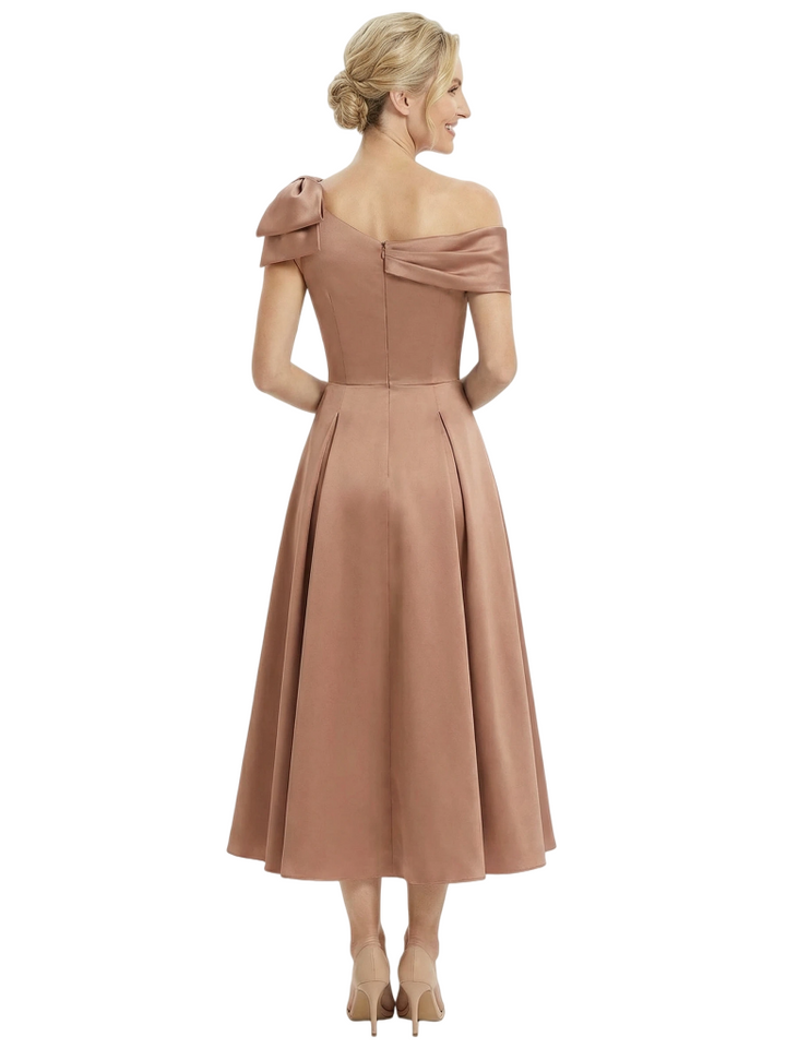 Chicsew Mother of The Bride Dresses Off The Shoulder Satin Tea Length Gown Unique Bow Detailed Formal Wedding Dress