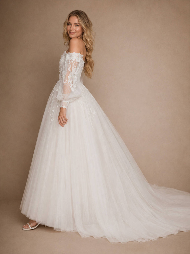 ChicSew Elegant V-Neck 3/4 Sleeves A-Line Tulle Floor-Length Wedding Dress With Lace Appliques