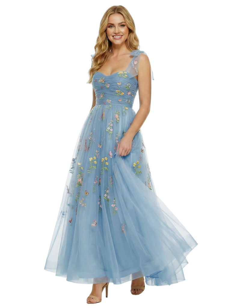 Spaghetti Strap Lace Flowers Tulle Long Graduation Dresses