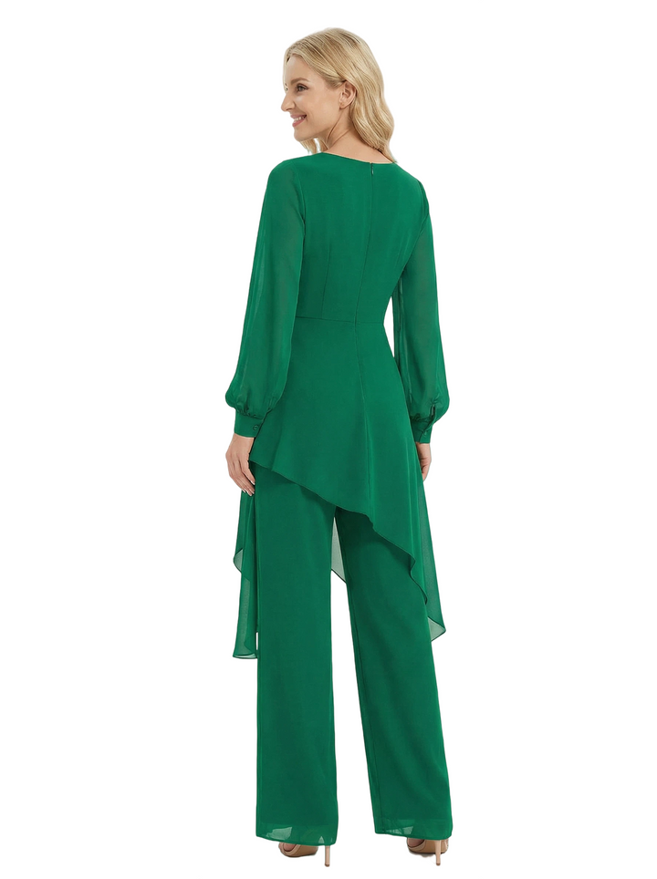 Chicsew Chiffon Jumpsuit Mother Of The Bride Dresses V-Neck Long Sleeves Evening Pant Suits