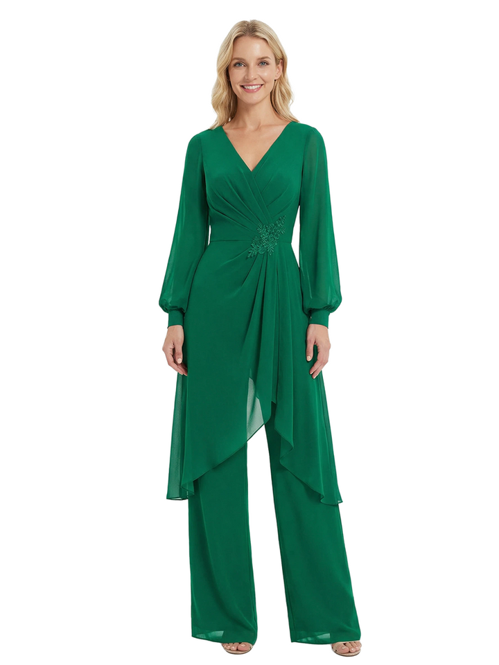 Chicsew Chiffon Jumpsuit Mother Of The Bride Dresses V-Neck Long Sleeves Evening Pant Suits