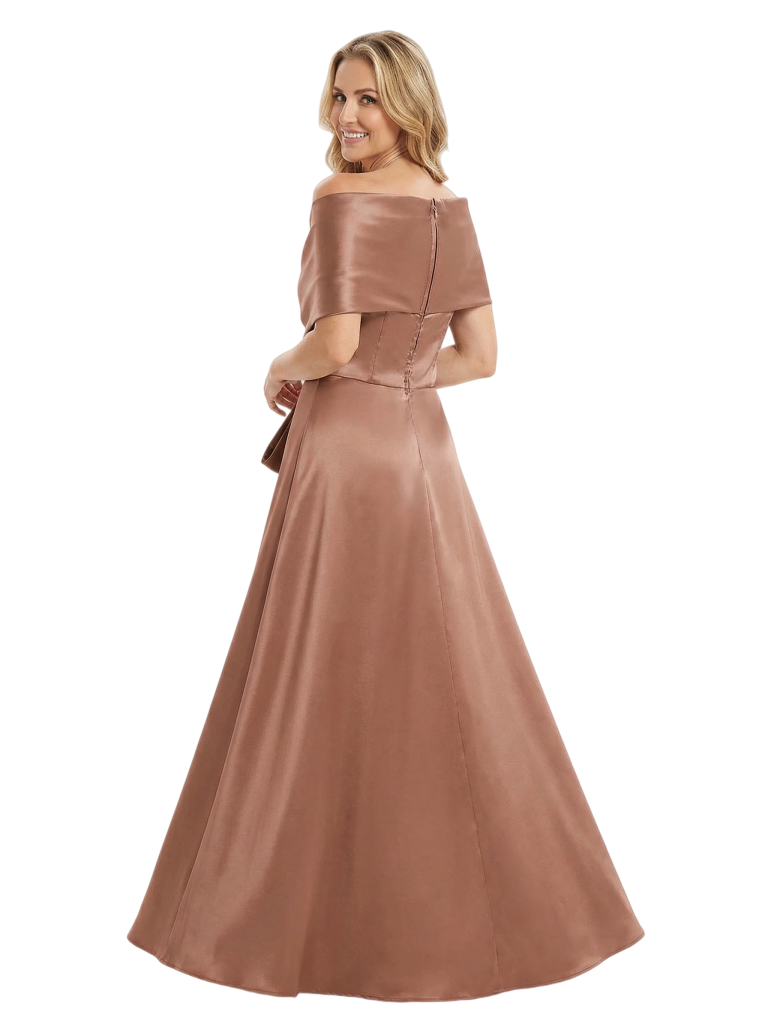 Chicsew Mother of The Bride Dresses Cape Sleeve Satin Maxi Gown Classy Bow Detailed Formal Wedding Event Dress