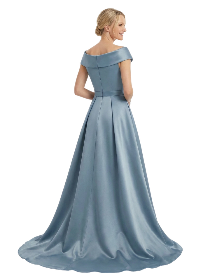 Chicsew Mother of The Groom Dresses Overskirt Cap Sleeves Satin Wedding Guest Dresses With Slit