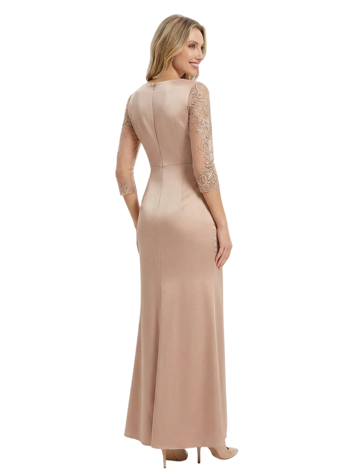 Chicsew Mother of The Groom Dresses V-Neck 3/4 Sleeve Satin Mermaid Maxi Gown Pretty Lace Detailed Formal Bridal Party Dress