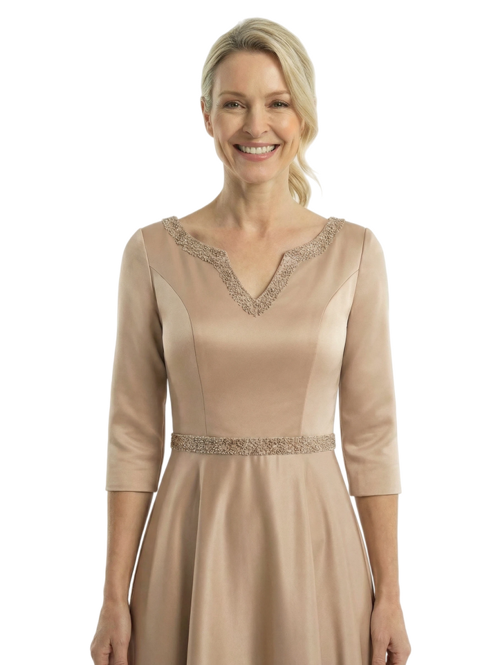 Chicsew Mother of The Bride Dresses V-Neck 3/4 Sleeve Satin High-Low Gown Elegant Beaded Formal Wedding Event Attire