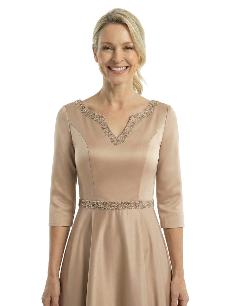 Chicsew Mother of The Bride Dresses V-Neck 3/4 Sleeve Satin High-Low Gown Elegant Beaded Formal Wedding Event Attire