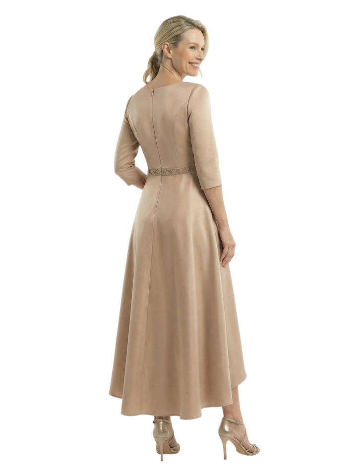Chicsew Mother of The Bride Dresses V-Neck 3/4 Sleeve Satin High-Low Gown Elegant Beaded Formal Wedding Event Attire
