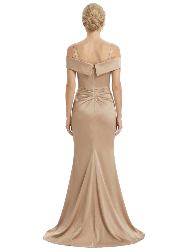 Chicsew Mother of The Groom Dresses Cold Shoulder Sleeveless Satin Mermaid Maxi Gown Classy Ruffled Formal Bridal Party Dress
