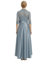 Chicsew Mother of The Bride Dresses V-Neck Half Sleeve Lace Satin High-Low Gown Unique Flower Detailed Formal Wedding Event Attire