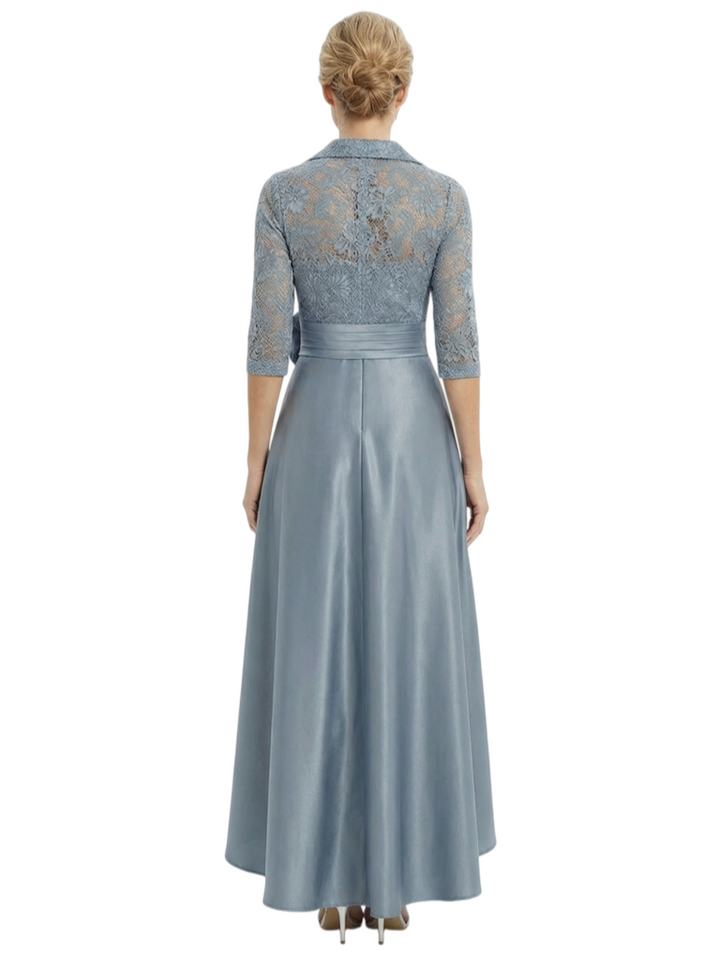 Chicsew Mother of The Bride Dresses V-Neck Half Sleeve Lace Satin High-Low Gown Unique Flower Detailed Formal Wedding Event Attire
