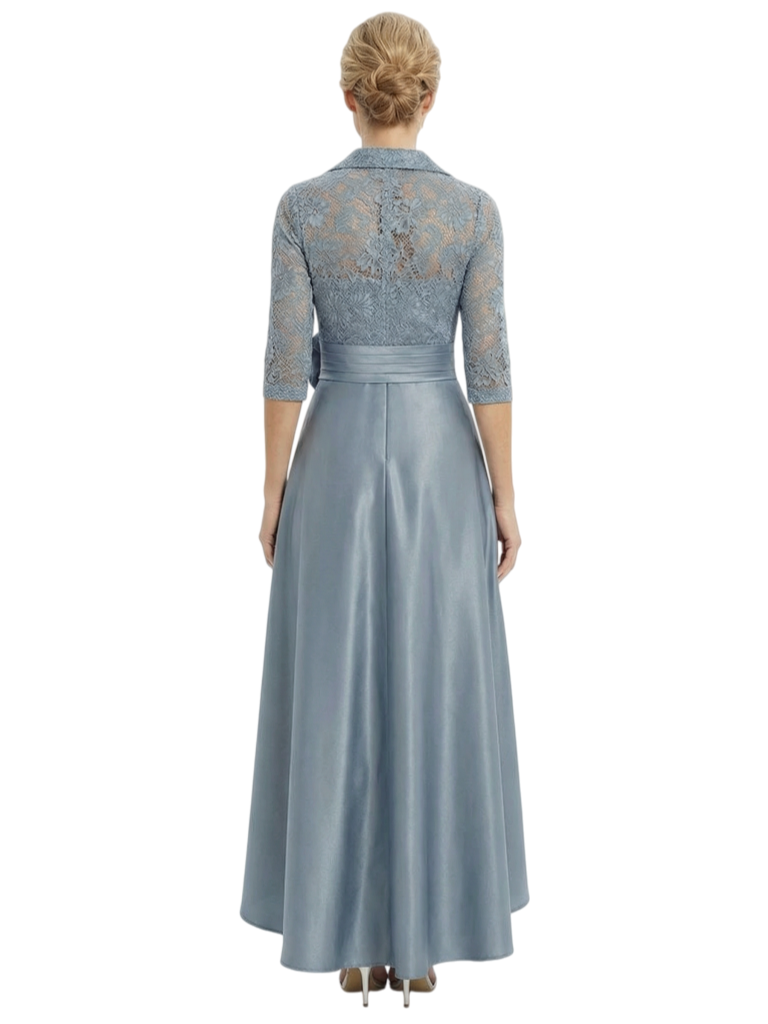 Chicsew Mother of The Bride Dresses V-Neck Half Sleeve Lace Satin High-Low Gown Unique Flower Detailed Formal Wedding Event Attire