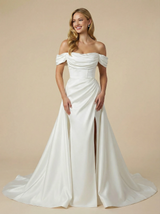 Mermaid Off Shoulder Maxi Long Satin Side Slit Wedding Dresses Online With Detachable Skirt