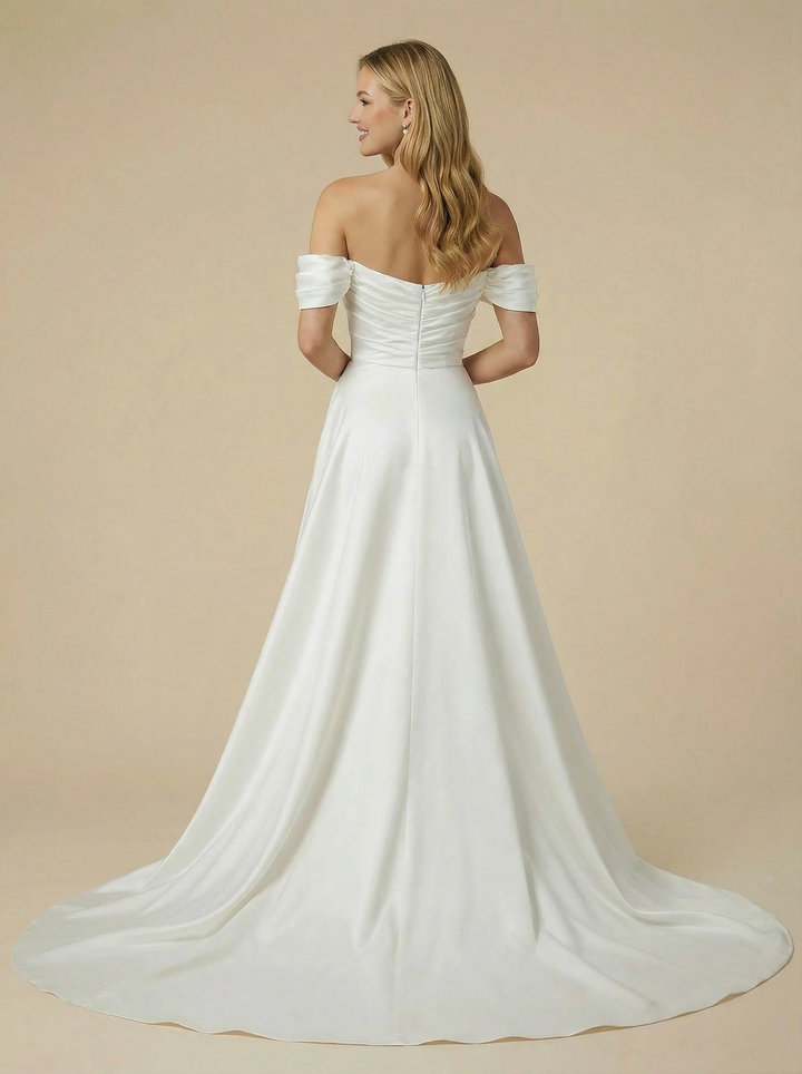 Mermaid Off Shoulder Maxi Long Satin Side Slit Wedding Dresses Online With Detachable Skirt