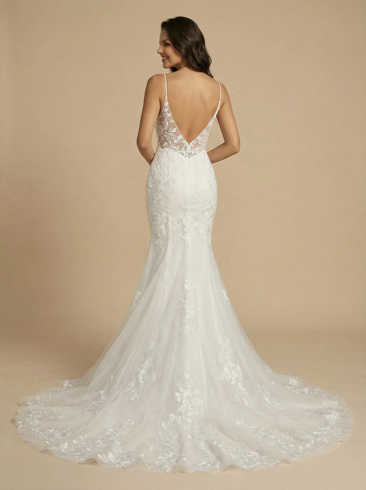 Mermaid V-Neck Spaghetti Straps Lace Maxi Long Wedding Dresses