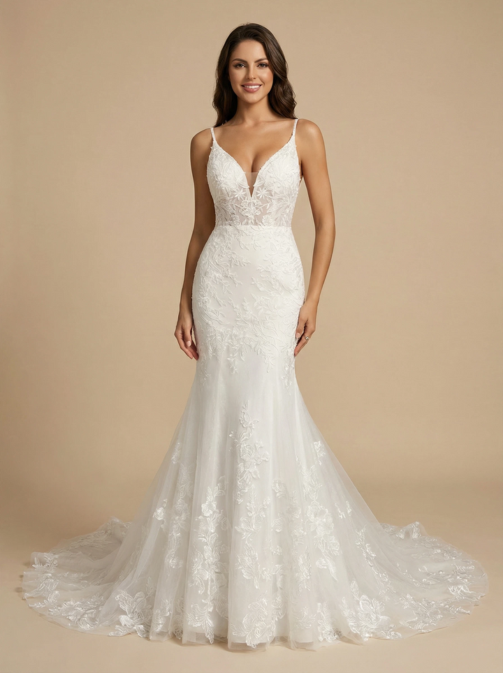Mermaid V-Neck Spaghetti Straps Lace Maxi Long Wedding Dresses