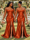 ChicSew Sexy Strapless Boning Ruching Side Slit Mermaid Soft Satin Bridesmaid Dresses