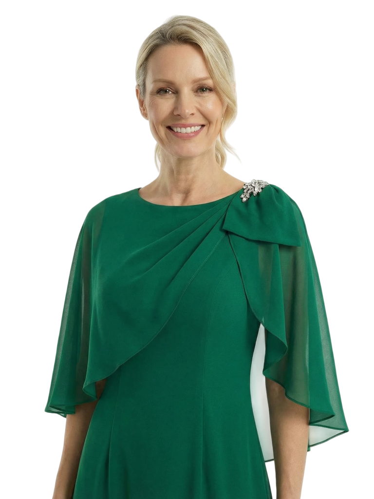 Chicsew Mother of The Bride Dresses Scoop Cape Sleeve Chiffon Maxi Gown Elegant Formal Wedding Event Attire