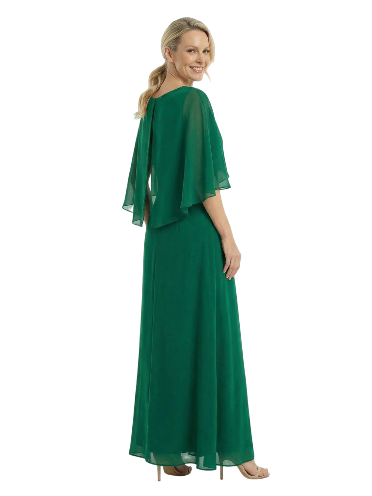 Chicsew Mother of The Bride Dresses Scoop Cape Sleeve Chiffon Maxi Gown Elegant Formal Wedding Event Attire