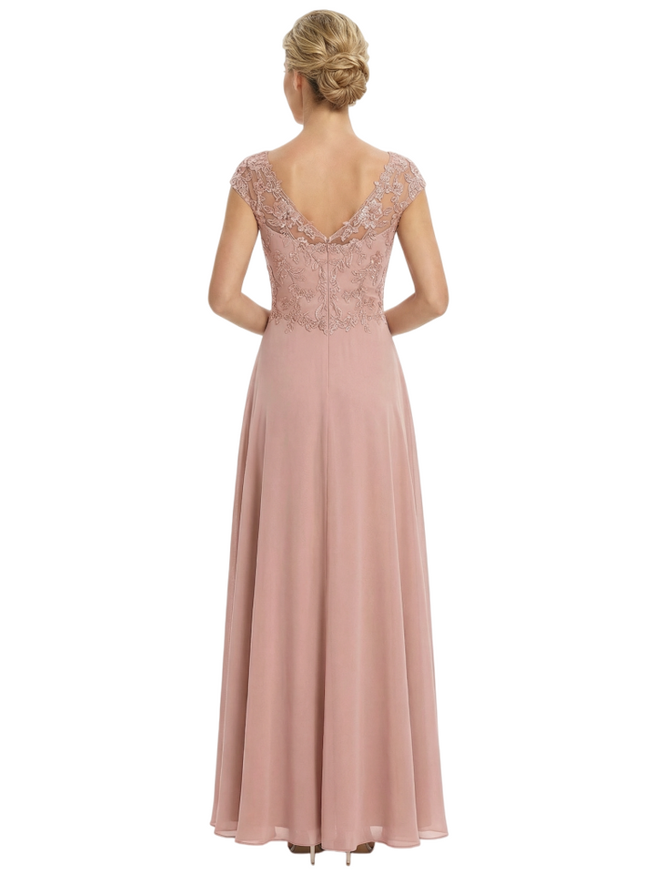 Chicsew Mother of The Groom Dresses V-Neck Cap Sleeve Chiffon Mermaid Maxi Gown With Slit Fancy Ruffled Formal Bridal Party Dress