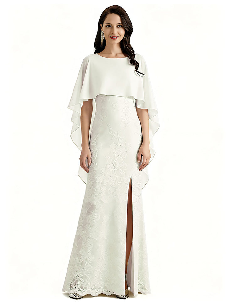 Elegant Cape Neckline Chiffon Lace Mermaid Long Mother of The Bride Dresses