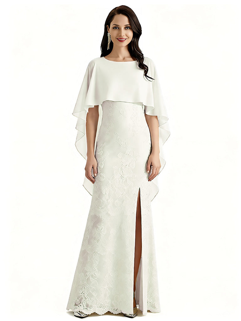 Elegant Cape Neckline Chiffon Lace Mermaid Long Mother of The Bride Dresses