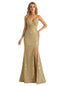 Shiny Spaghetti Straps Mermaid Glitter Jersey Side Slit Maxi Formal Dresses For Women