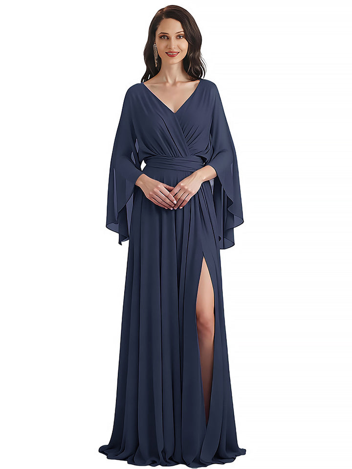 Casual Chiffon V-neck Long Flutter Sleeves A-Line Long Mother of The Bride Dresses