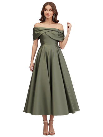 Elegant Off Shoulder Silky Satin A-line Ruched Long Formal Evening Dresses