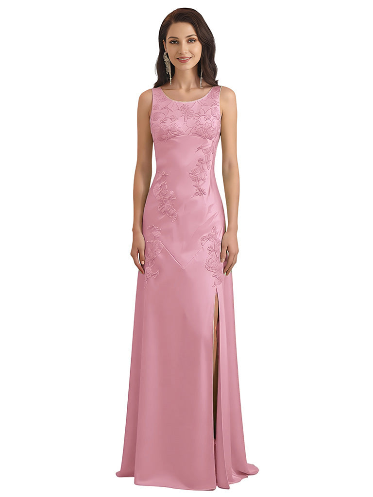 Elegant Scoop Lace Silky Satin A-line Ruched Long Formal Evening Dresses