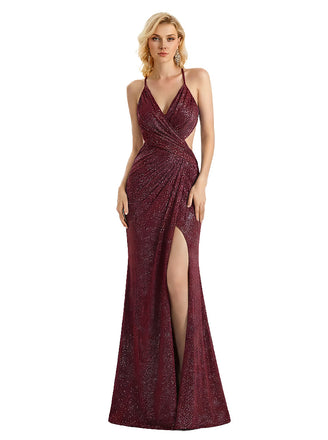 Elegant Spaghetti Straps Side Slit Mermaid Glitter Jersey Maxi Formal Evening Dresses For Women