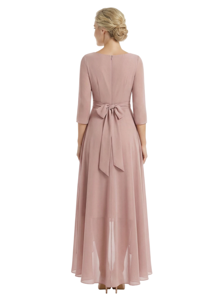 Chicsew Mother of The Groom Dresses V-Neck 3/4 Sleeve Chiffon High-Low Gown Pretty Beaded Belted Formal Bridal Party Dress