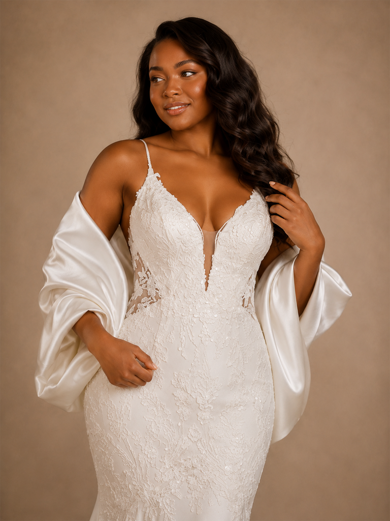 ChicSew Elegant Spaghetti Straps Mermaid Satin Lace Applique Floor-Length Wedding Dress With Oversized Bow Knot