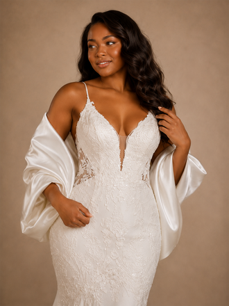ChicSew Elegant Spaghetti Straps Mermaid Satin Lace Applique Floor-Length Wedding Dress With Oversized Bow Knot